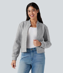 Stand Collar Long Sleeve Fleece Casual Bomber Jacket with Pockets