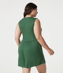 Ribbed V-neck Sleeveless Ruched Built-in Bra Casual Plus Size Romper with Pockets-Easy Peezy