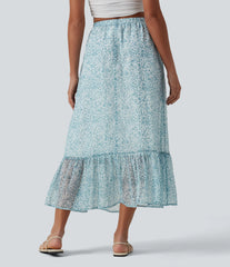 High Waisted Floral Print Flowy Midi Casual Skirt with Pockets
