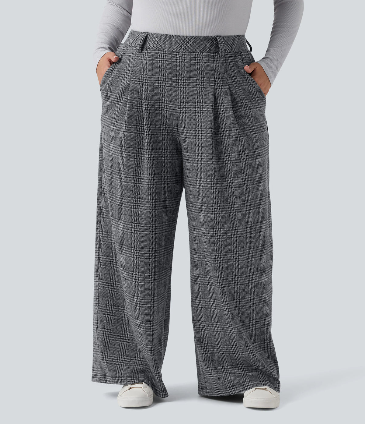 Plus Size High Waisted Wide Leg Houndstooth Plaid Casual Pants with Pockets
