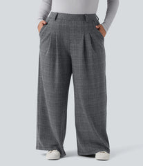 Plus Size High Waisted Wide Leg Houndstooth Plaid Casual Pants with Pockets