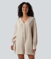V-neck Long Sleeve Button Linen-Feel Casual Romper