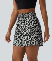 High Waisted Drawstring Leopard Print Casual Shorts with Pockets