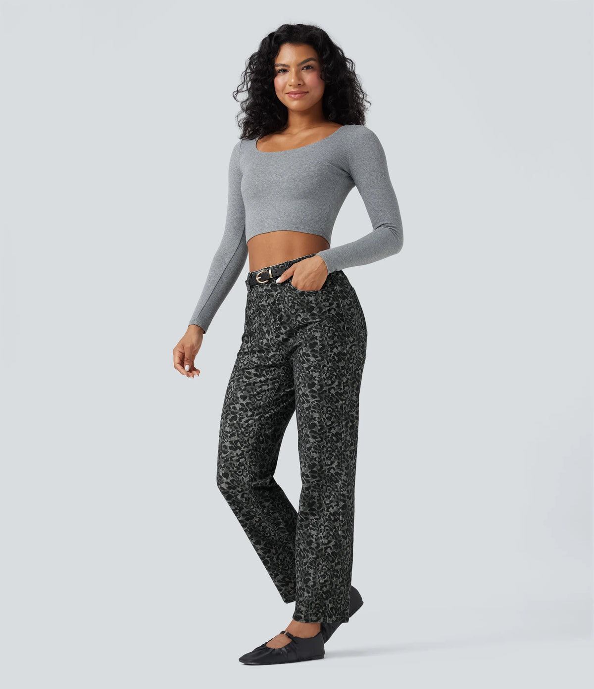 Halara Flex™ Leopard Print High Waisted Straight Leg Casual Jeans with Pockets