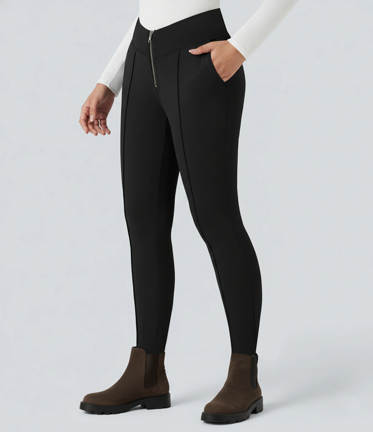 SoftlyZero™ Plush Thermal V Shaped High Waisted Zipper Work Pants with Pockets