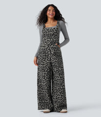 Square Neck Leopard Print Teddy Casual Baggy Overalls with Pockets