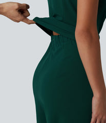 Wrinkle Recovery Boat Neck Sleeveless Tie-side Work Jumpsuit with Pockets-Easy Peezy