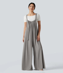 Adjustable Straps Waffle Casual Flowy Baggy Jumpsuit with Pockets
