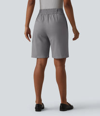 High Waisted Straight Leg Work Chino Cotton Bermuda Shorts with Pockets