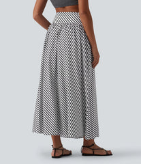 High Waisted Stripe Maxi Casual Flowy Skirt with Pockets