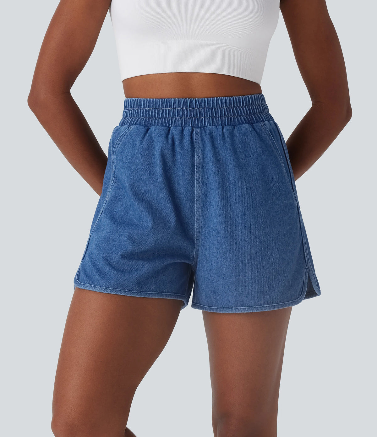 Halara Flex™ High Waisted Curved Hem InstantCool Washed Denim Casual Shorts with Pockets