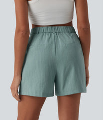 High Waisted Pleated Casual Linen-Feel Shorts 5'' with Pockets