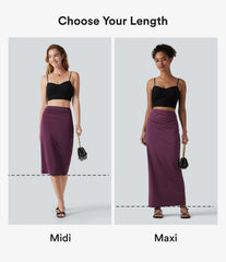 High Waisted Ruched Stretchy Satin-Like InstantCool Maxi Casual Pencil Skirt