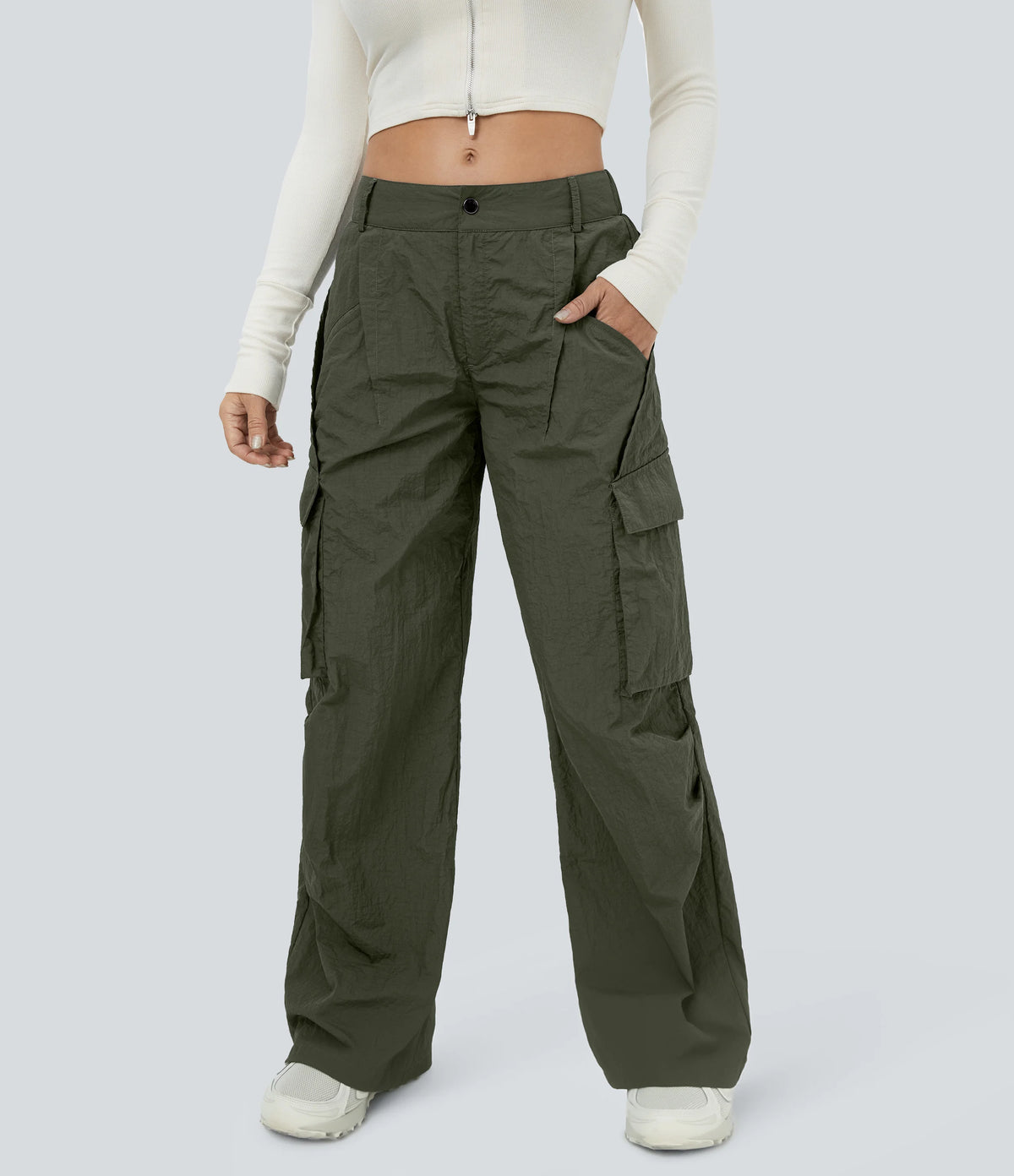 Mid Rise Button Zipper Side Pocket Wide Leg Baggy Casual Cargo Pants
