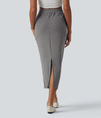High Waisted Drawstring Midi Casual Pencil Skirt with Pockets