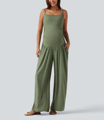 Built-In-Bra Ruched Wide Leg Heathered Casual Maternity Slip Jumpsuit with Pockets-Easy Peezy Edition