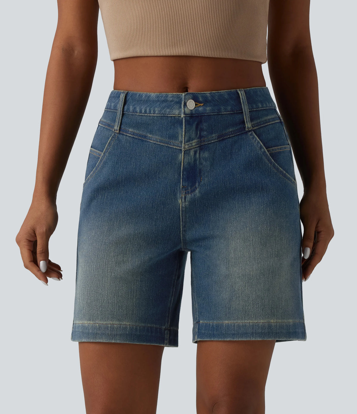 Halara Flex™ Mid Rise Rolled Hem Washed Denim Casual Baggy Bermuda Shorts with Pockets