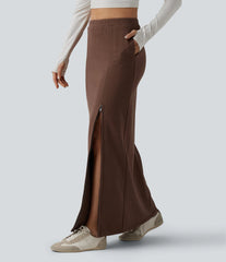 High Waisted French Terry Maxi Casual Cotton Skirt with Pockets