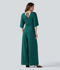 V-neck Half Sleeve Tie-back Work Baggy Jumpsuit with Pockets-Easy Peezy