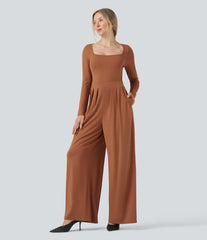 U-Neck Long Sleeve Wide Leg Casual Jumpsuit with Pockets