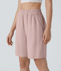 High Waisted Pocket Casual Linen-Feel Bermuda Shorts