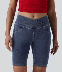 Halara Flex™ Crossover Mid Rise Denim Casual Skinny Shorts 9'' with Pockets