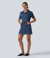 Halara Flex™ Short Sleeve Drawstring Denim Mini Casual Dress with Pockets