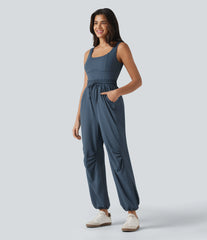 U-neck Sleeveless Drawstring Ruched Casual Jumpsuit with Pockets