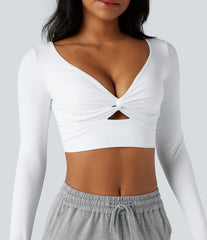 SoftlyZero™ Airy V Neck Cut Out Long Sleeve Thumb Hole InstantCool Cropped Yoga Sports Top-UPF50+
