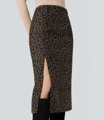 High Waisted Split Hem Midi Leopard Print Corduroy Casual Pencil Skirt