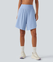 SoftlyZero™ QuickDry High Waisted Tummy Control Reflective Dots Crossover Hem 2-in-1 Running Shorts 9'' with Pockets