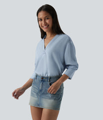 V Neck Long Sleeve Denim Casual Blouse