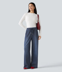Halara Flex™ High Waisted Drawstring Wide Leg Silver Shine Casual Sweatpants Jeans with Pockets
