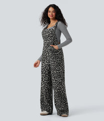 Square Neck Leopard Print Teddy Casual Baggy Overalls with Pockets