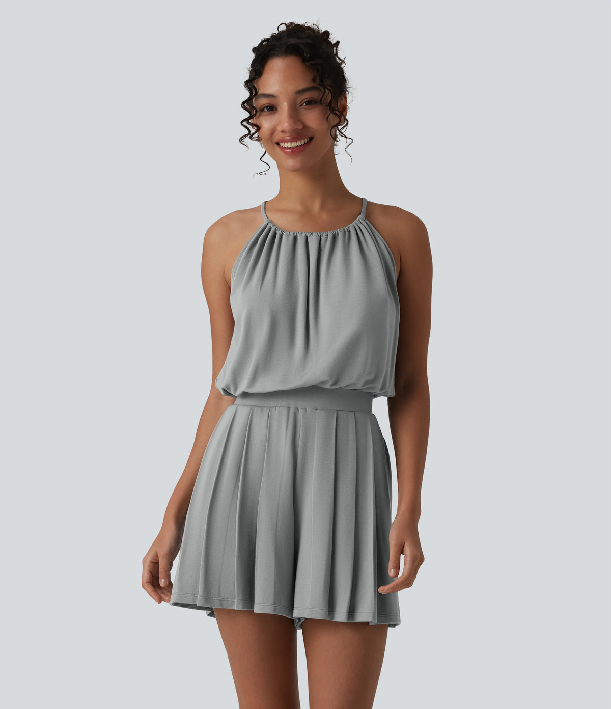 Halter Sleeveless Tie-back Pleated Casual Romper with Pockets-Easy Peezy