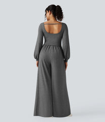 Scoop Neck Backless Long Sleeve Heathered Casual Wide Leg Jumpsuit with Pockets-Easy Peezy