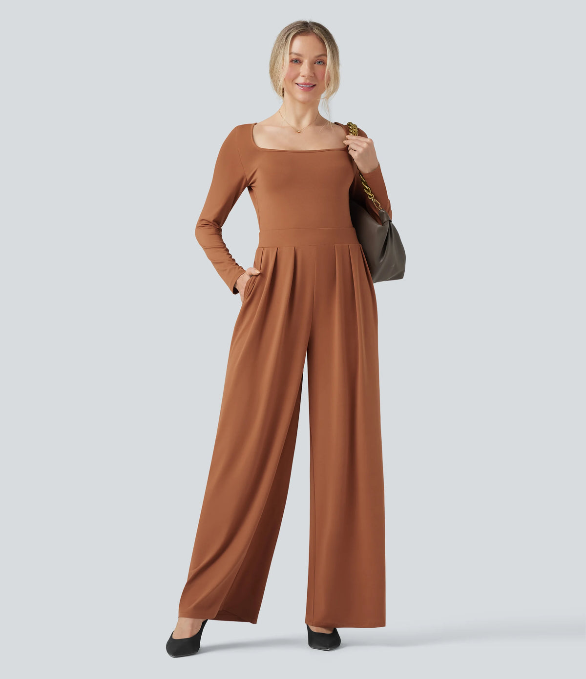 U-Neck Long Sleeve Wide Leg Casual Jumpsuit with Pockets