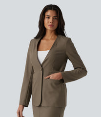Long Sleeve Work Linen-Blend Blazer with Pockets