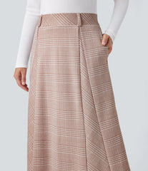 High Waisted A Line Houndstooth Plaid Midi Work Skirt with Pockets
