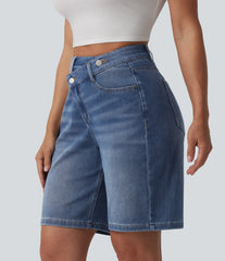Halara Flex™ Asymmetric High Waisted Washed Denim Casual Bermuda Shorts 9'' with Pockets
