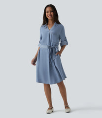 V Neck Long Sleeve Tie Front Denim Mini Casual Dress with Pockets