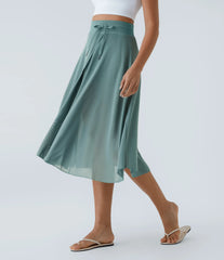 High Waisted Drawstring Contrast Mesh 2-in-1 Pocket Flowy Midi Flare Casual Skirt