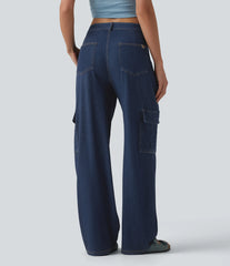 Halara Flex™ Mid Rise Draped Lyocell Washed Casual Straight Leg Cargo Jeans with Pockets