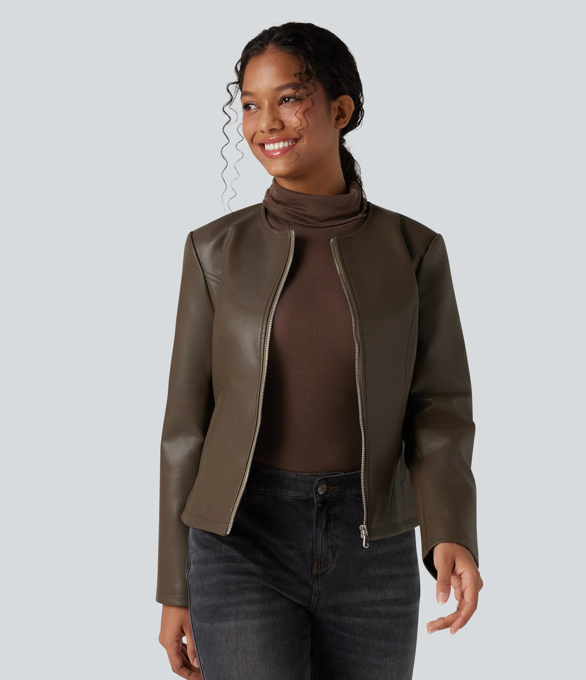 Round Neck Long Sleeve Zipper Casual Faux Leather Jacket with Pockets
