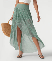 High Waisted High Low Ruffle 2-in-1 Leopard Print Mesh Maxi Skirt