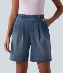 Halara Flex™ High Waisted Pleated Denim Casual Baggy Bermuda Shorts with Pockets