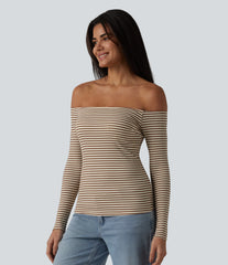 Ribbed Knit Off Shoulder Long Sleeve Built-in Bra Stripe Casual T-Shirt