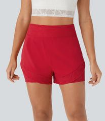 SoftlyZero™ Airy High Waisted 2-in-1 Pocket Contrast Lace InstantCool Yoga Shorts-UPF50+