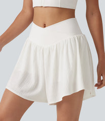 Crossover High-waisted Split Hem 2-in-1 Crinkle Running Shorts with Pockets