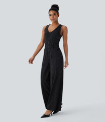 V Neck Sleeveless Cut Out Pockets Wide Leg Stripe InstantCool Work Jumpsuit